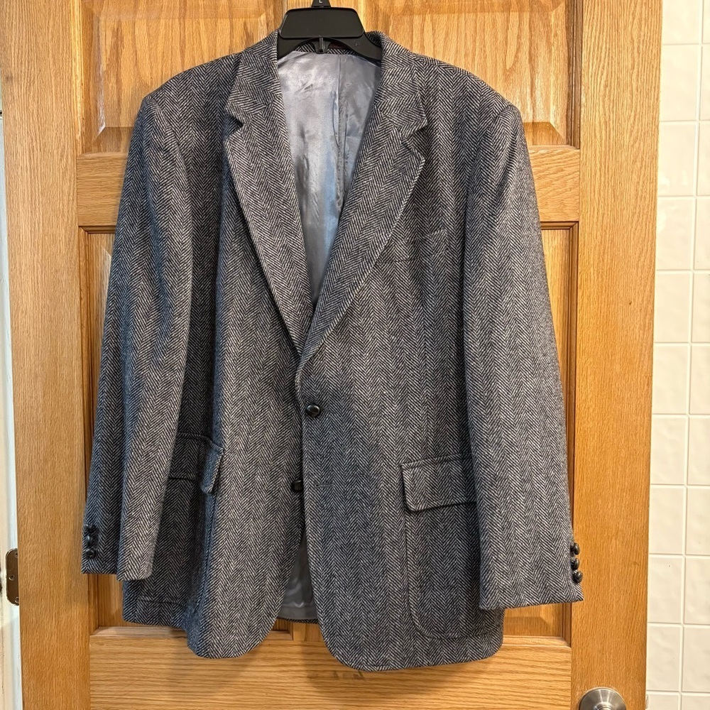 WARREN SCOTT MENS BLACK HERRINGBONE 100% WOOL TWEED SPORT COAT BLAZER JACKET 44R
